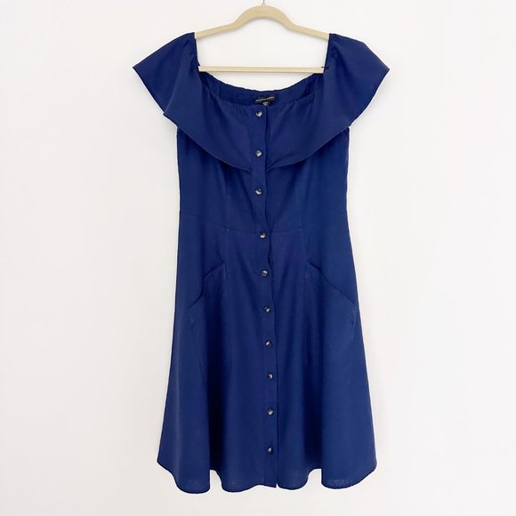 Saks Off the Shoulder Linen Dress Navy Button Down | 14 - Picture 2 of 7